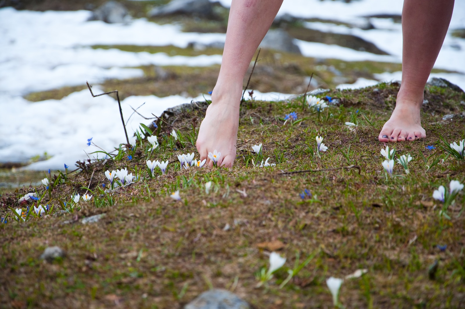 barefoot woman on green grass field